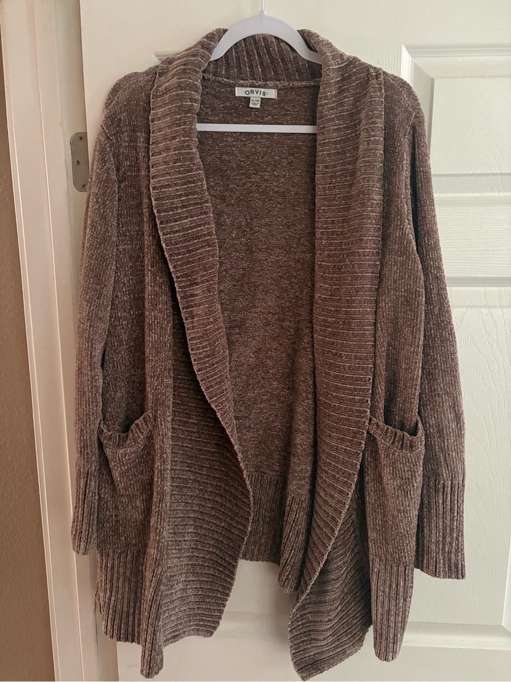 Orvis open front cardigan long line comfy soft brown pockets oversized cozy XL